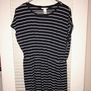 Blue and white stripped dress has pockets